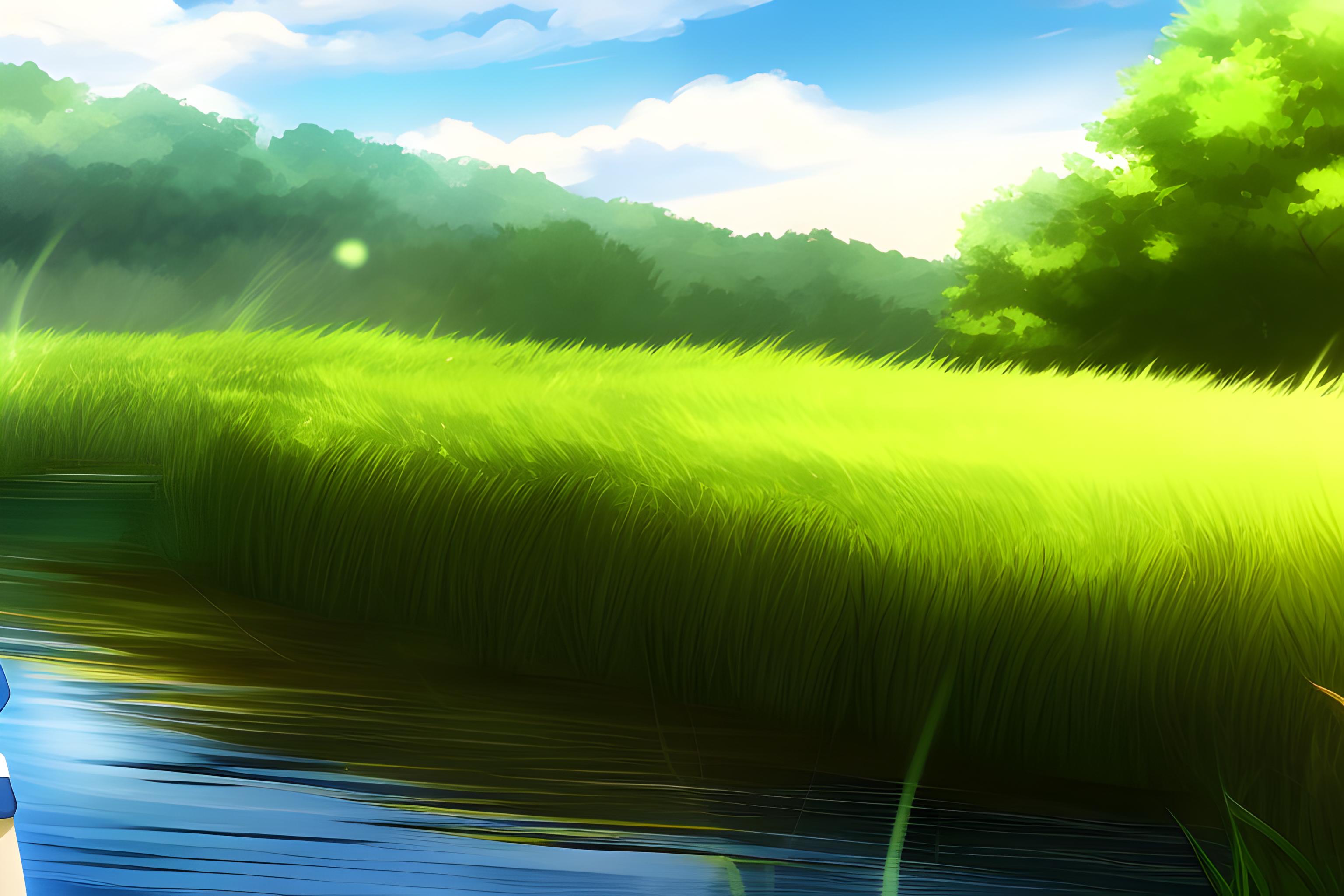 Anime, Girl, Field, River, | Wallpapers.ai